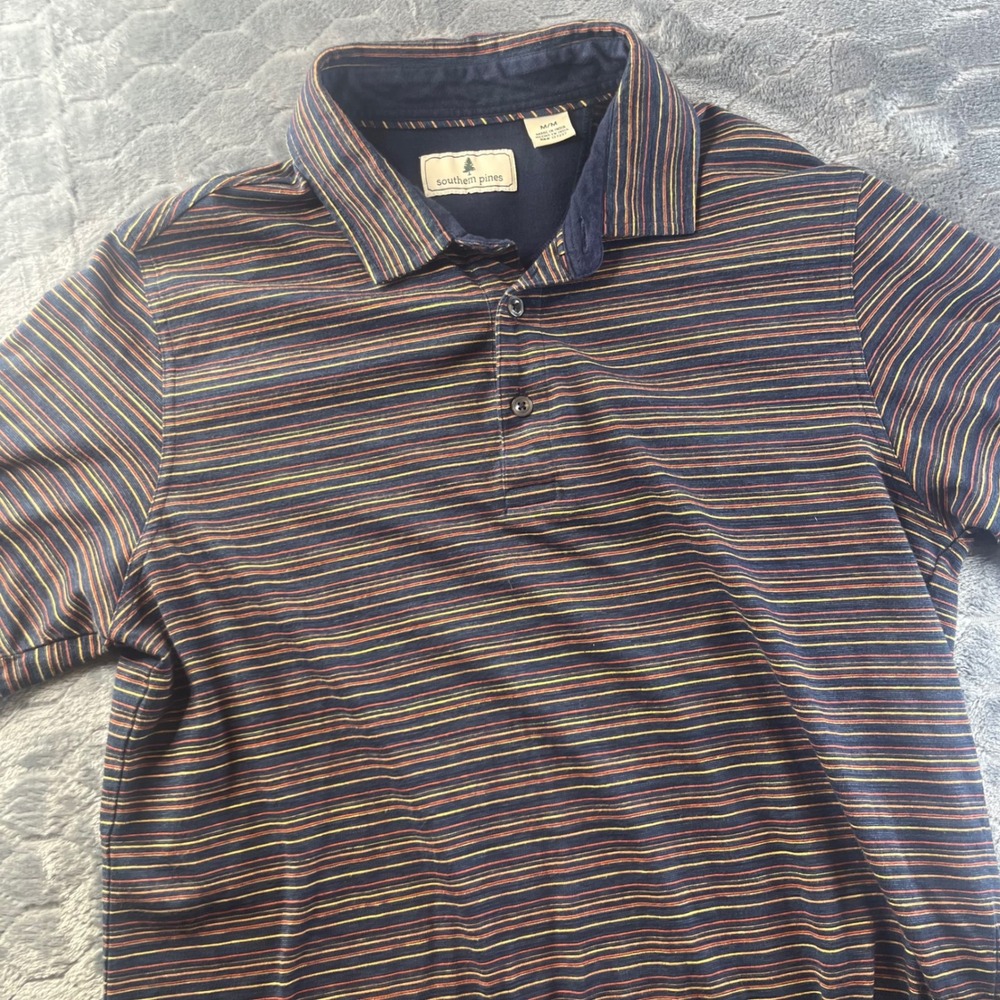 Southern Pines Polo Shirt Mens Medium Blue Striped Short Sleeve Casual